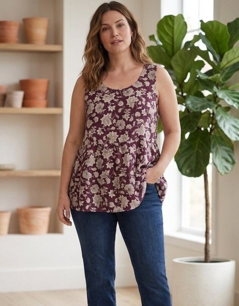 J. Jill Love Linen Sleeveless Tiered Tunic Tank Top Deep Plum Relaxed Size Large